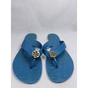 Tory Burch Miller Jelly Thong Sandals Blue Size 8 Gold Logo Flip‎ Flops